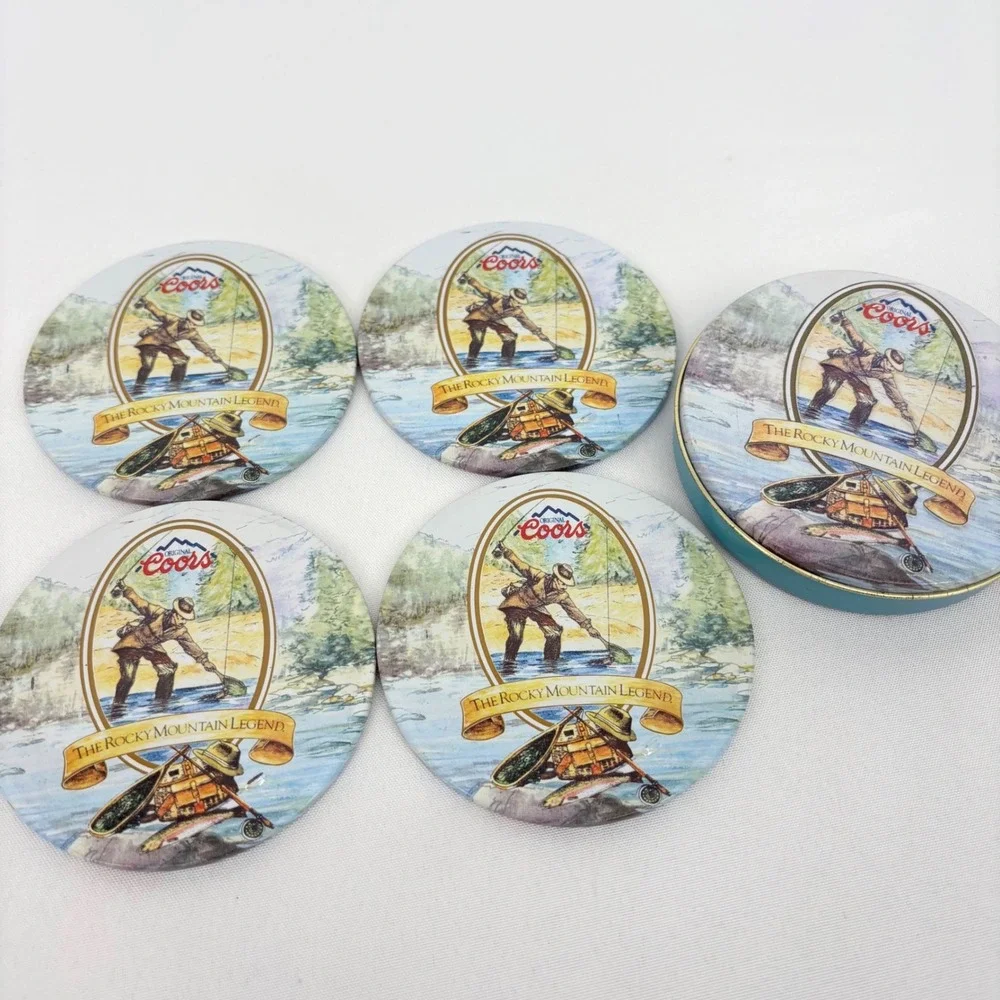 Vintage 1993 Coors Rocky Mountain Legend Series Coaster Set with Tin Fly Fishing